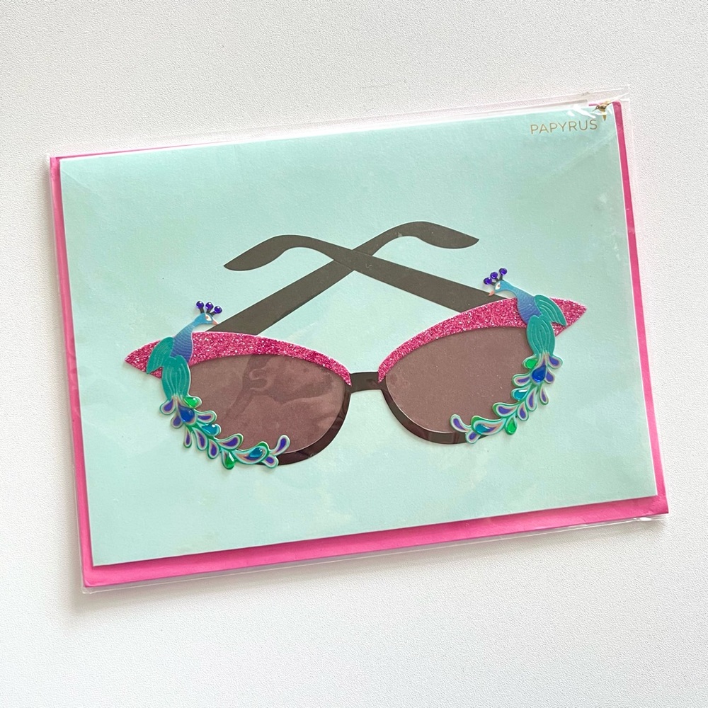 Papyrus fashion Birthday card peacock cat eye fancy sunglasses paper appliqué